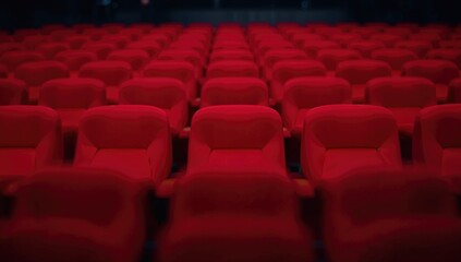 Fototapeta premium Red cinema seats with a blurred abstract effect. Cozy chairs in a movie theater.