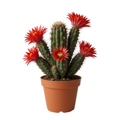 Flowering Cactus In A Brown Pot Against A Transparent Background The Cactus Has Several Vibrant Red Blossoms And Sharp Thorns