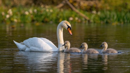 Fototapeta premium Mute swan and cygnets enjoying the warm glow by the water