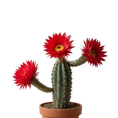 Cactus Plant Bearing Three Vibrant Red Flowers With Yellow Centers Potted In Terracotta Against A Stark Transparent Background