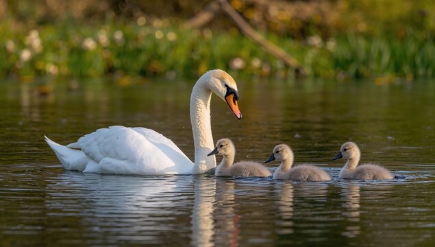 Mute swan and cygnets enjoying the warm glow by the water - Powered by Adobe