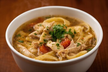 Homemade chicken noodle soup with fresh parsley and veggies served in a bowl. Nutritious broth