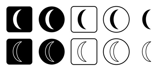 Icon set of crescent symbol. Filled, outline, black and white icons set, flat style.  Illustration on transparent background