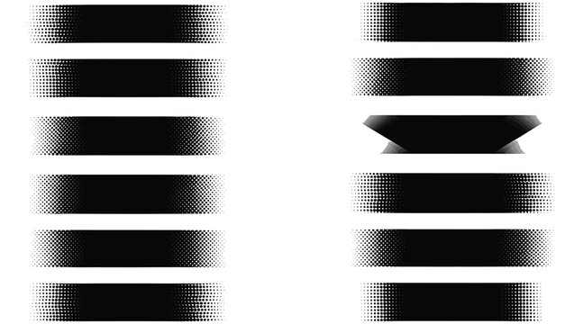 Vector art of a collection of halftone brush strokes in black, , perfect for adding texture and visual interest to designs and illustrations