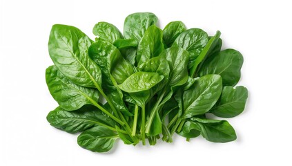 Fototapeta premium Isolated fresh spinach leaves against a white backdrop. Overhead perspective of a green spinach cluster. Flat lay composition.