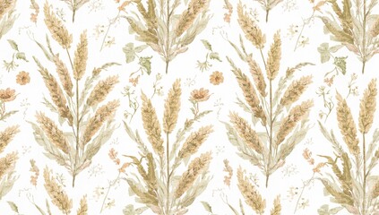 Watercolor depiction of flax blossoms, leafy branches, and foliage. Retro style for fabric, gift wrap, and postcard artwork. Set against a plain white backdrop.