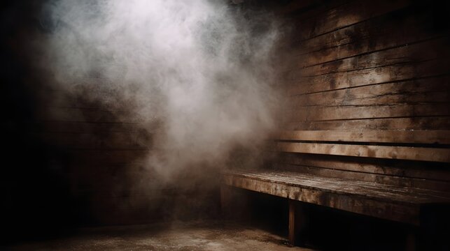 Steam rises from a rustic wooden sauna bench in a dimly lit atmospheric interior conveying warmth and relaxation