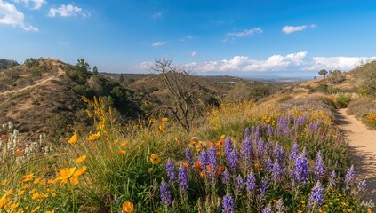Obraz premium Blooming spring blossoms along the hiking path in a scenic hillside community of Southern California.