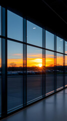 Modern Building Interior with Sunset View Through Large Windows.