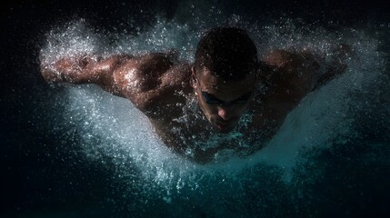 A muscular man swims powerfully underwater executing a dynamic butterfly stroke with a dramatic water splash