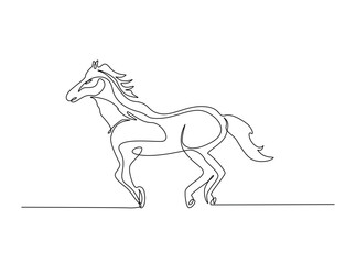Wild horse art in single outline illustration. Continuous line art drawing of wild stallion.