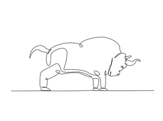 Aggressive bull in single outline illustration. Continuous line art drawing of angry bull.