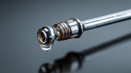 Close-Up of Metal Tool with Glass Drop Reflection on Smooth Surface and Industrial Background
