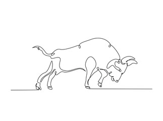 Fototapeta premium Aggressive bull in single outline illustration. Continuous line art drawing of angry bull.