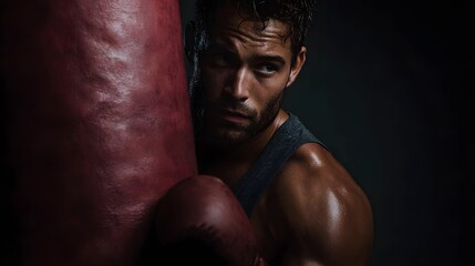 Muscular man training with a red punching bag showing sweat and intense focus during a boxing workout