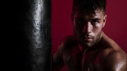 Intense male athlete sweats during boxing training session with a punching bag in a studio