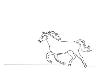 Wild horse art in single outline illustration. Continuous line art drawing of wild stallion.
