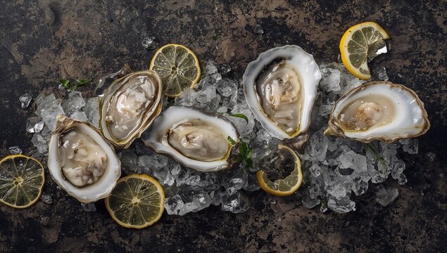 Fresh oysters served on ice with lemon wedges on a dark surface. Gourmet seafood treat.