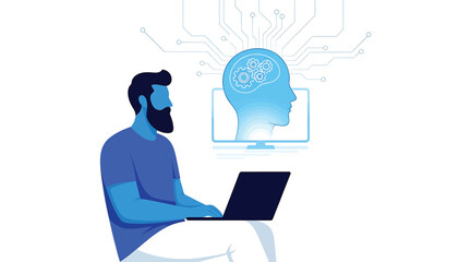 Vector art of a man is sitting in front of a computer, working on artificial intelligence and machine learning, the concept of modern technology and innovation