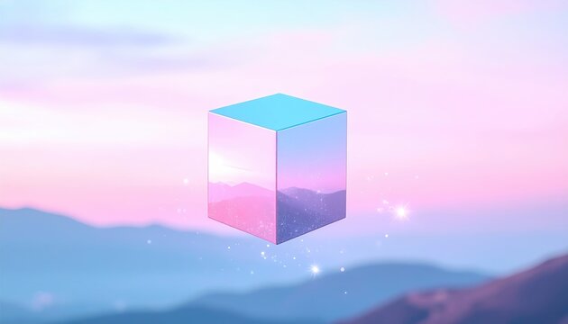 A reflective cube floats over misty mountains, casting a soft, dreamy glow in a pink and blue pastel sky