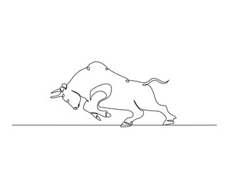 Aggressive bull in single outline illustration. Continuous line art drawing of angry bull.