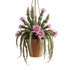 Hanging Rhipsalis Cereuscula Cactus In A Brown Pot Featuring Numerous Pale Pink Flowers On A Transparent Background