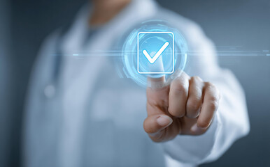 Doctor hand touching virtual button with glowing checkmark icon for quality control. Approved concept for healthcare and medical technology with professional assurance