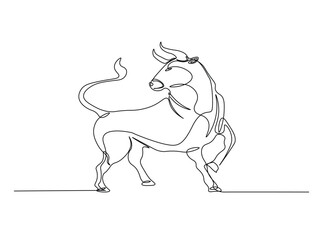 Aggressive bull in single outline illustration. Continuous line art drawing of angry bull.