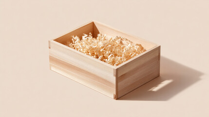 Empty wood box with shredded paper filler, minimal packaging container for gift. Simple clean design on neutral background perfect for eco friendly product