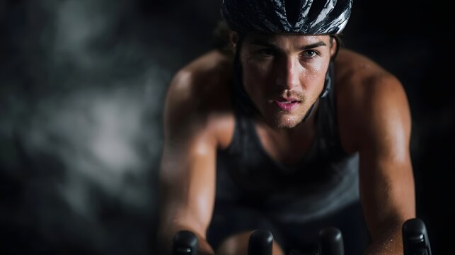A determined athlete sweats intensely while cycling indoors embodying peak physical exertion and focus
