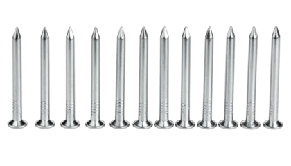 Row of evenly spaced steel nails with pointed tips against dark background, showing metallic sheen and subtle shadows