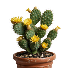 Prickly Pear Cactus In A Pot Showing Several Bright Yellow Flowers Against A Solid Transparent Background