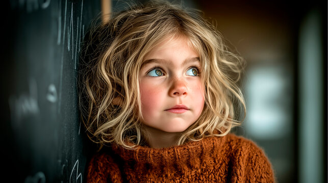 Homeschooling kid leaning on chalkboard, thoughtful schoolgirl looking up, home learning and child education concept - Powered by Adobe