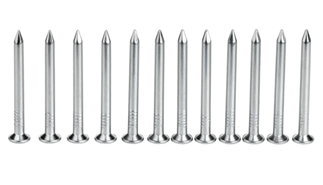 Row of evenly spaced steel nails with pointed tips against dark background, showing metallic sheen and subtle shadows