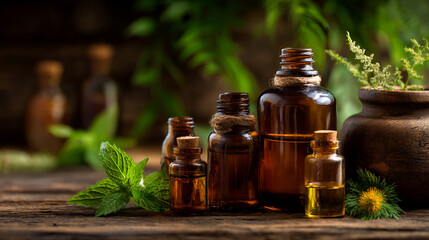 Tranquil Aromatherapy: Essential Oils and Herbal Infusions in Glass Bottles for Natural Wellness and Relaxation