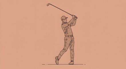Drawn golfer in mid-swing on an orange background. Hatching lines define the figure