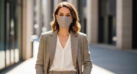 A businesswoman wearing a face mask in an urban setting.