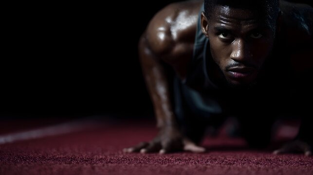 A focused athlete in a starting position on a red running track sweating intensely under dramatic lighting