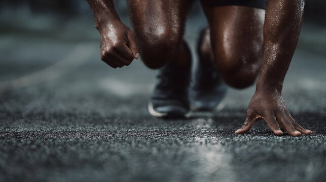 Close up of an athlete s legs and hands in a starting position on a running track preparing for a sprint