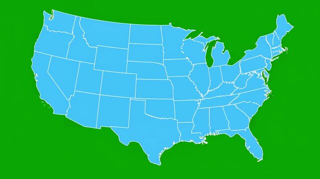 Green Screen Asset with map of united states america showing different animated usa contiguous lower 48 u s state on an isolated chroma key background distortion, overlay, glitch, static noise, scan