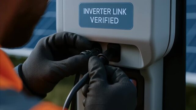 Technician connecting inverter cable to solar power system. maintenance solar panel array with gloves and safety vest, verified inverter connection and electrical installation for solar array safety
