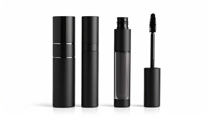 Obraz premium Mascara tubes arranged in a row on a white background, one open with wand exposed