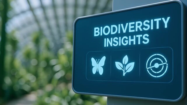Biodiversity insight sign at botanical conservatory with plant leaf butterfly sensor icons and soft green background conveying conservation ecology monitoring