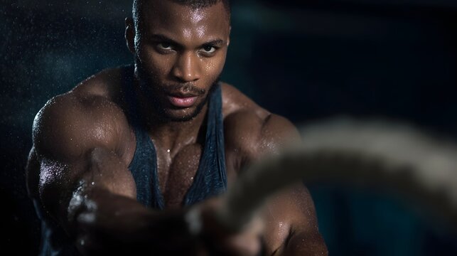 Intense muscular athlete swinging battle ropes during a strenuous workout in a dark gym covered in sweat