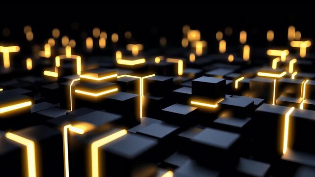Glowing neon lines trace edges of black geometric cubes futuristic abstract cityscape with luminous contrast. futuristic illuminated black cube grid with glowing yellow edge lighting and soft bokeh