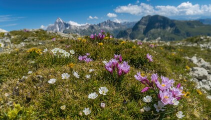 Mountain blossoms and bugs flourish on moss-covered islets during an alpine adventure.