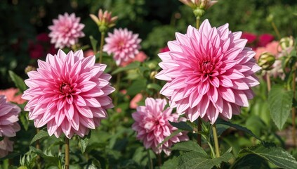 Stunning pink dahlias in full bloom during summer garden season © vxnaghiyev