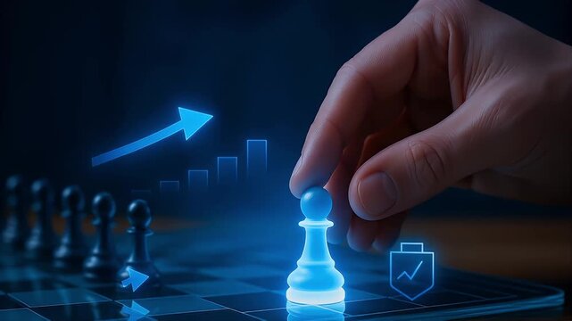 Strategic chess pawn digital board with hand moving piece and rising pawn chessboard, glowing futuristic blue growth chart and arrow symbols indicating business strategy, planning, investment
