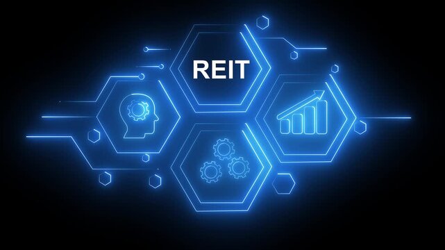 Abstract neon Hud knowledge ability business gear icon Glowing neon line concept. Glowing "REIT" button in German on a futuristic, abstract wave technology on black background.
