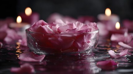 A glass bowl filled with pink rose petals floats on tranquil water with softly glowing candles in the background